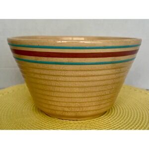 Vintage Watt Pottery Mixing Bowl, Pink & Blue Stripe, Ribbed Stoneware